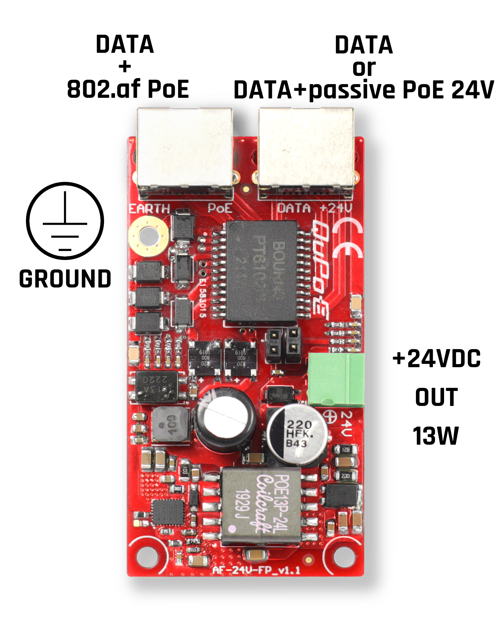 Working scheme of QuPoE AF-24V-SP - 802.3af/at converter to 24V 13W Passive PoE (mode B)